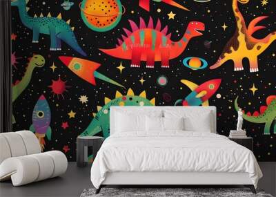 Vibrant Cosmic Dinosaur Pattern with Playful Space Elements Wall mural