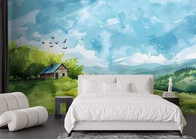 Vibrant Watercolor Rendering of a Rustic Countryside Landscape Wall mural