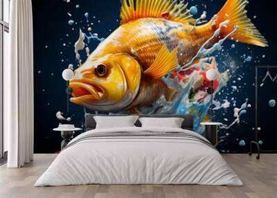 A delicious three-dimensional painting of a golden fish with beautiful scattered colors. Generative AI Wall mural