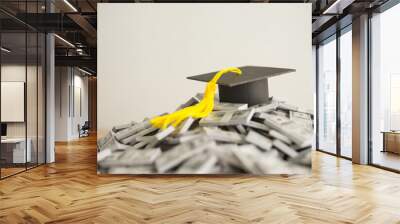 Graduation cap university or college degree on US dollars banknotes pile. Education expense budget plan of money saving, student loan or debt, personal loan, scholarship for studying abroad concept. Wall mural