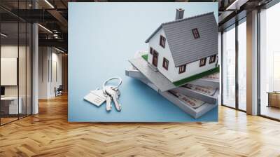 House model, bill dollar banknotes and key on blue background with copy space. Money saving for new house, home loan, reverse mortgage and real estate property business concept Wall mural