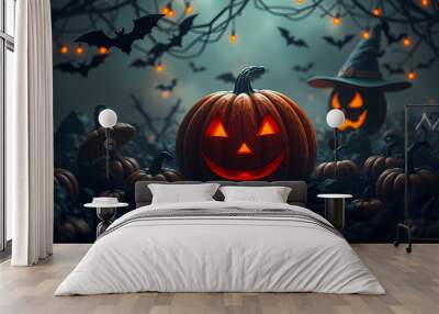 halloween background with pumpkin and bats Wall mural