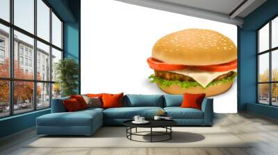 Realistic painting hamburger with tomato,cheese,lettuce,beef and sauce fast food on white background.  Wall mural