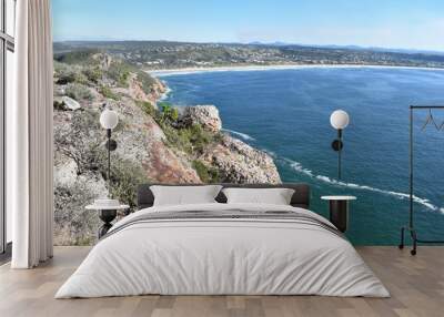 Wonderful landscape with the blue beach at the hiking trail at Robberg Nature Reserve in Plettenberg Bay, South Africa Wall mural