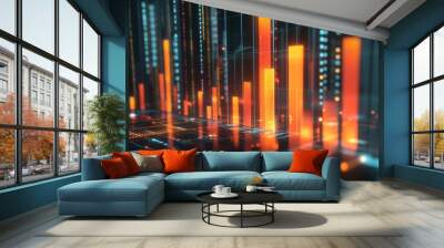 A 3D financial graph with rising bars and a dynamic upward trend, set against a sleek, modern background with digital elements. Wall mural