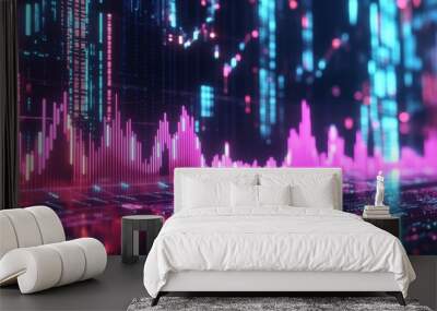 A 3D stock chart with rising and falling bars, representing stock price volatility, displayed on a futuristic digital trading platform. Wall mural