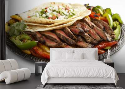 A beautifully arranged plate of steak fajitas with grilled peppers, onions, and tortillas, set against a white background to highlight the vibrant colors and savory ingredients. Wall mural