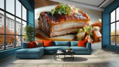 A beautifully plated dish featuring tender slices of pork belly with a crispy skin, served with a side of pickled vegetables and a drizzle of savory sauce. Wall mural