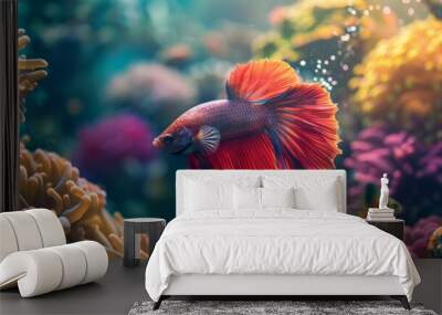 A Betta fish swimming among colorful coral reefs, its vibrant hues blending seamlessly with the underwater landscape. Wall mural