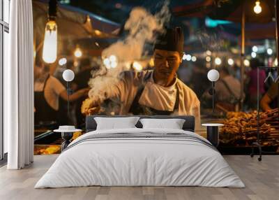 A chef grilling chicken skewers at a busy night market, with smoke and flames adding to the lively atmosphere Wall mural