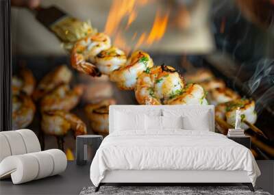 A chef grilling jumbo shrimp on skewers with a brush of garlic butter, showcasing culinary expertise Wall mural