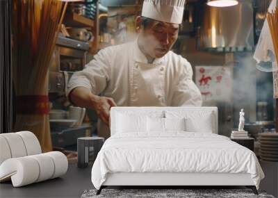 A chef skillfully crafting hand-pulled noodles in a bustling noodle shop Wall mural