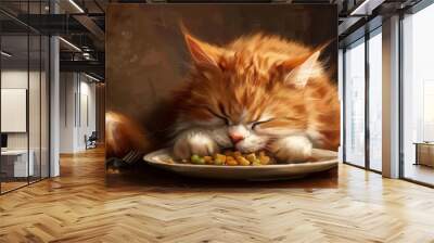 A chubby cat indulging in a hearty meal, its fluffy fur accentuating its adorable roundness. Wall mural