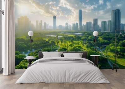 A cityscape with skyscrapers surrounded by lush green parks, blending nature with urban architecture Wall mural