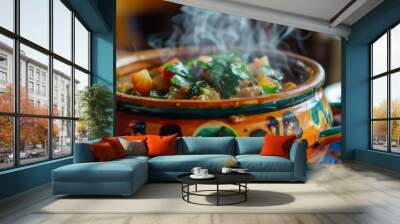 A close-up of a colorful ceramic pot brimming with simmering stew, steam rising invitingly from its savory depths. Wall mural