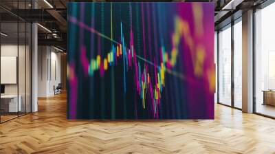 A close-up of a computer screen displaying a colorful stock chart with rising and falling trends, indicating market fluctuations. Wall mural