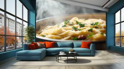 A close-up of a hot pot of pasta with sauce and fresh herbs, with steam gently rising, presented on a clean, white countertop for emphasis. Wall mural