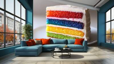 A close-up of a rainbow cake with colorful layers visible, cut to reveal its vibrant interior and set on a white plate against a simple white backdrop. Wall mural