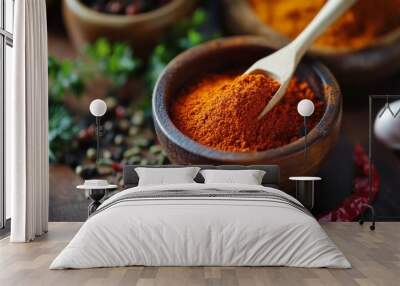 A close-up of a small bowl of vibrant red chili powder, with a wooden spoon sprinkled over it, placed on a rustic kitchen counter with spices and herbs. Wall mural