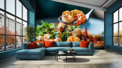 A close-up of a spoonful of being lifted from the bowl, with shrimp and herbs visible, emphasizing the dish's vibrant colors and fresh ingredients. Wall mural