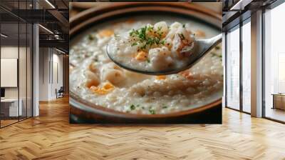 A close-up of a spoonful of creamy seafood rice porridge being lifted from a bowl, emphasizing the texture and richness of the dish, perfect for food photography. Wall mural