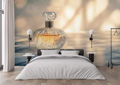 A close-up of an elegant perfume bottle with a crystal stopper, set on a marble countertop with soft lighting highlighting its luxurious design. Wall mural