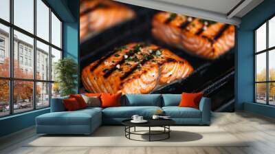 A close-up of succulent salmon fillets being grilled on a barbecue, with grill marks and a sprinkle of herbs, enticing the senses. Wall mural