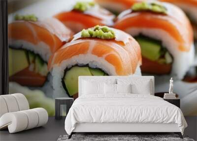 A close-up of sushi rolls featuring fresh fish, avocado, and vibrant vegetables, beautifully arranged on a white plate with soy sauce and wasabi. Wall mural