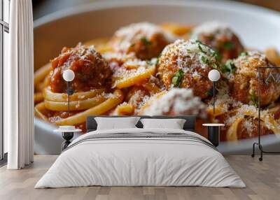 A close-up view of a bowl of Italian pasta with rich marinara sauce, topped with meatballs and a sprinkle of grated Parmesan. Wall mural