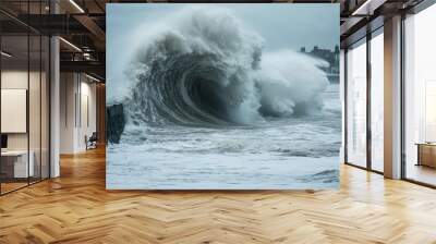 A coastal area during a typhoon, with large waves crashing against the shore and high winds affecting the sea, highlighting the storm power and reach Wall mural