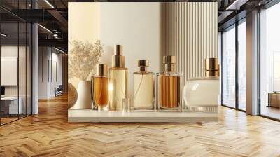 A collection of various perfume bottles in a chic, modern setting, with a stylish background of neutral tones and metallic accents, showcasing different fragrance styles. Wall mural