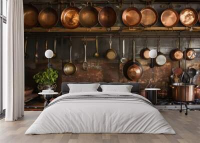 A collection of vintage copper pots hanging in a rustic kitchen, with a warm and inviting ambiance Wall mural