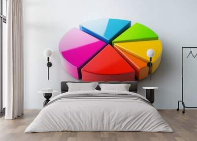 A colorful 3D pie chart with vibrant segments floating slightly above a white surface, each slice labeled clearly to represent different data categories. Wall mural