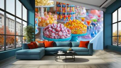 A colorful candy buffet table at a birthday party, inviting guests to indulge in a variety of sugary delights and sweeten the celebration. Wall mural