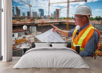 A construction engineer in a hard hat and reflective vest pointing at blueprints on a construction site, with a partially built structure and cranes in the background. Wall mural