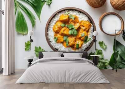 A creative flat lay of a tropical dish featuring coconut, such as a curry or a salad, with coconut flakes or milk as a garnish, arranged on a white background. Wall mural