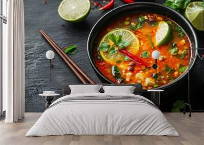 A delicious bowl of hot, tangy tom yum goong soup, garnished with lime slices, Thai basil, and chili, served with a pair of chopsticks and a spoon Wall mural