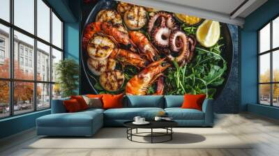 A delicious seafood platter from above, featuring grilled prawns, octopus, and scallops, served with garlic butter and fresh greens on the side. Wall mural