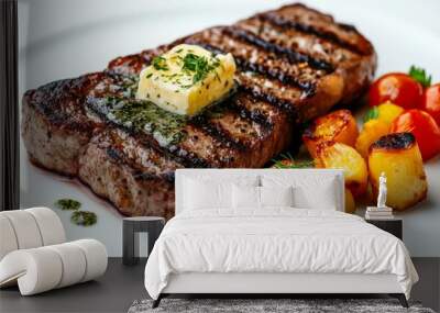 A delicious steak served with a drizzle of herb butter and a side of roasted vegetables, set on a white background to accentuate the dish flavors and presentation. Wall mural