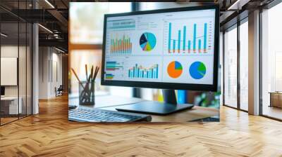 A desktop computer screen displaying a spreadsheet with colorful business graphs and charts, symbolizing financial analysis Wall mural