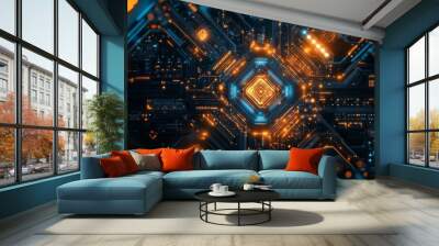 A detailed vector graphic of a technological circuit board, with intricate patterns and glowing elements, showcasing high-tech design and precision. Wall mural