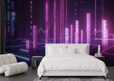 A digital 3D financial bar chart with bars rising from a grid-like surface, showing upward trends in investment returns, with neon lines and glowing financial symbols. Wall mural