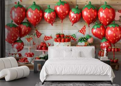 A festive strawberry-themed party table with strawberry-shaped balloons, desserts, and decorations. Wall mural