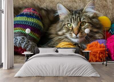 A fluffy, chubby cat lying next to a pile of toys, highlighting its playful and curious personality Wall mural