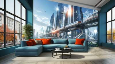 A futuristic city skyline with high-speed trains crisscrossing above, illustrating the integration of rail transport into urban environments. Wall mural