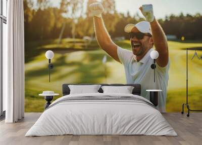 A golfer celebrating a successful putt with a fist pump and a smile, as the ball drops into the hole on a sunny green. Wall mural