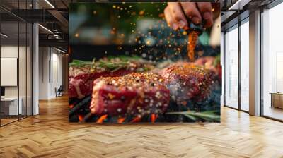 A grill master expertly seasoning raw steaks with a blend of spices before cooking Wall mural