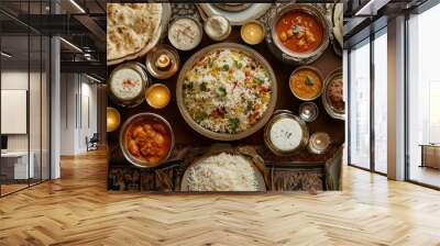 A high-quality image of a traditional Indian feast with various curries, biryani, raita, and naan, set on a beautifully decorated dining table. Wall mural