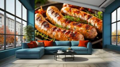 A high-resolution image of a plate of cooked sausages with a focus on their juicy, plump texture and a garnish of fresh herbs and condiments. Wall mural