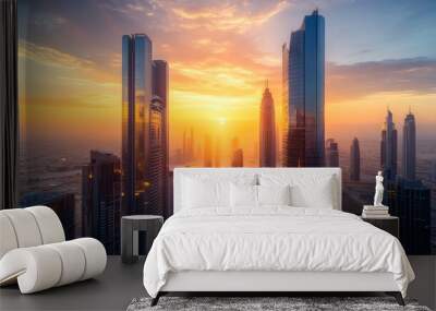 A high-resolution photo capturing the sun dipping below the horizon between two modern skyscrapers, with the city lights beginning to twinkle as the sky transitions from day to night Wall mural